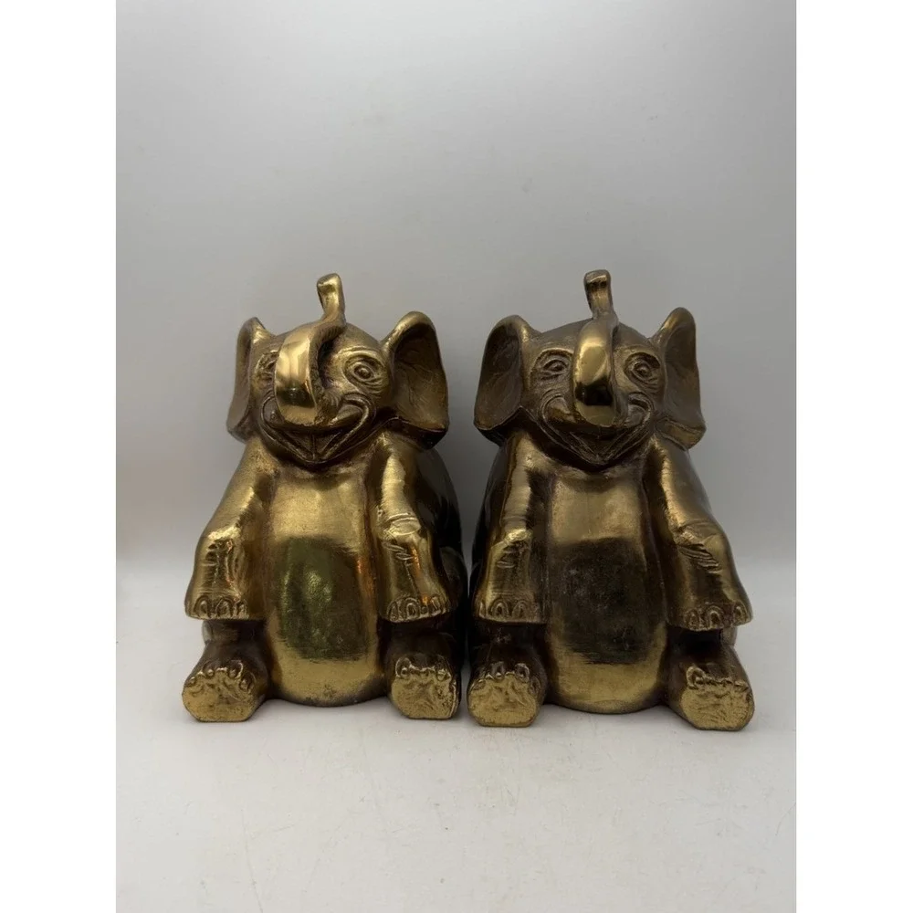 Vintage Brass Elephant Bookends Pair Mid Century Heavy Gold Tone Elephant Decor
